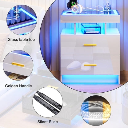 Auto LED Nightstand Set of 2, White Night Stand with Charging Station & USB Ports, High Gloss Bedside Table Has 2 Drawers,Modern End Side Table for Bedroom (White)