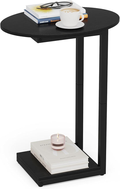 Small Side Table End Table, C-Shaped Wood Coffee Table TV Tray for Eating Couch Tables for Small Space, Living Room, (Black)
