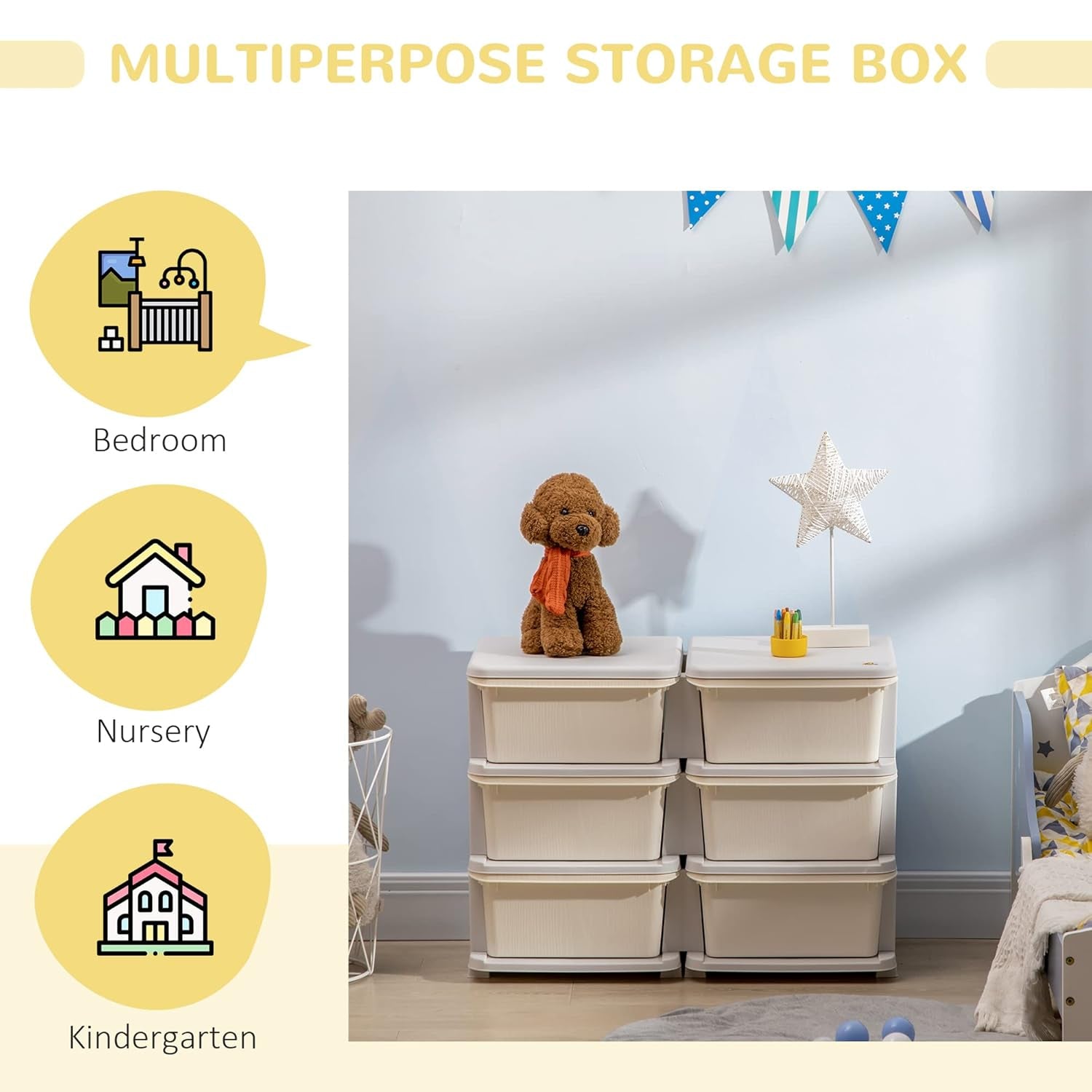 3 Tier Kids Storage Unit, Toy Organizers and Storage with 6 Drawer Chest for Kids Bedroom Nursery Kindergarten Living Room for Boys Girls Toddlers, Cream White