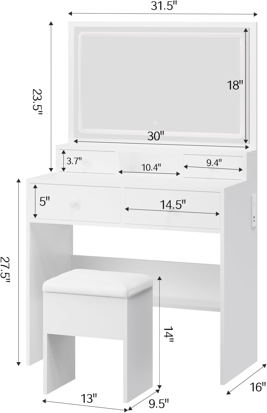 Vanity Desk with Mirror and LED Lights, White Makeup Vanity with Power Outlet, Storage Drawers and Chair, Dressing Table Set for Bedroom Dressing Room