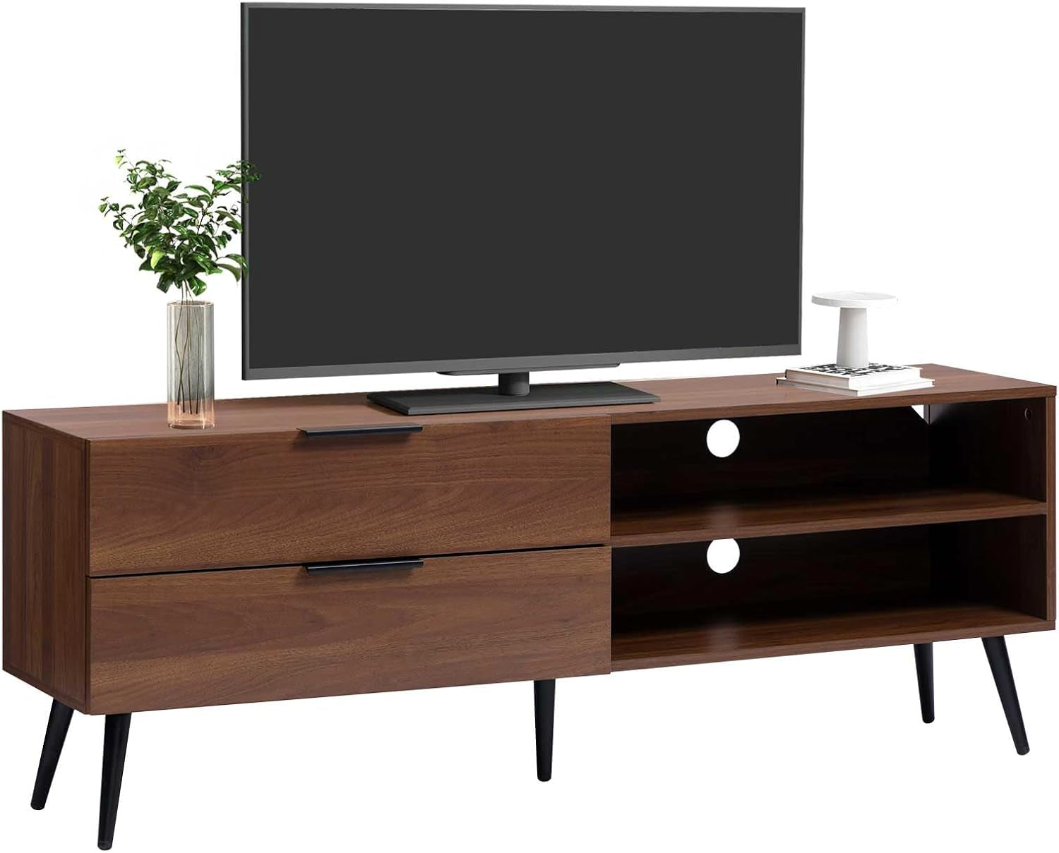 Wood TV Stand for Tvs up to 65", Mid Century TV Stand with Storage, Modern Entertainment Center with 2 Drawers, Accent TV Media Console Table for Living Room, 53"(L), Retro Brown