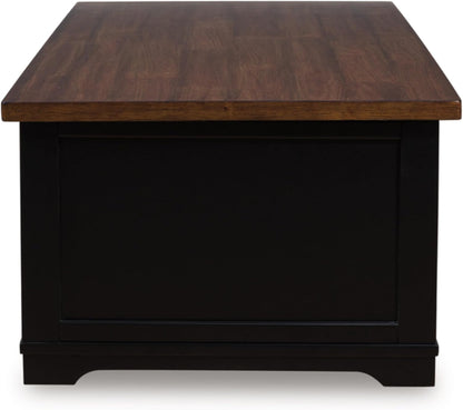 Wildenauer Lift Top Cocktail Table, Satin Finish Base, 2 Drawers, 2 Storage Bins, Hardwood Solids, 52" W X 28" D X 19" H, Light Brown & Black