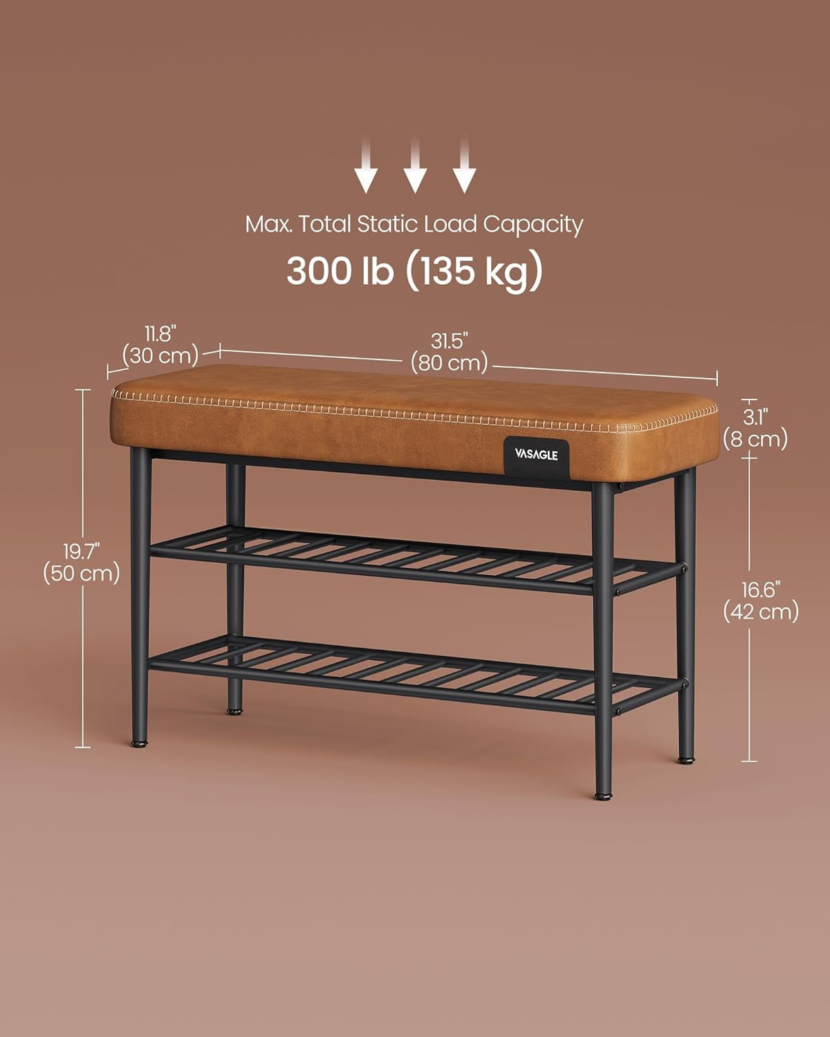 EKHO Collection - Shoe Rack Bench, Storage Bench for Entryway, Synthetic Leather with Stitching, Mid-Century Modern, Loads 300 Lb, 11.8 X 31.5 X 19.7 Inches, Caramel Brown ULSB054K01