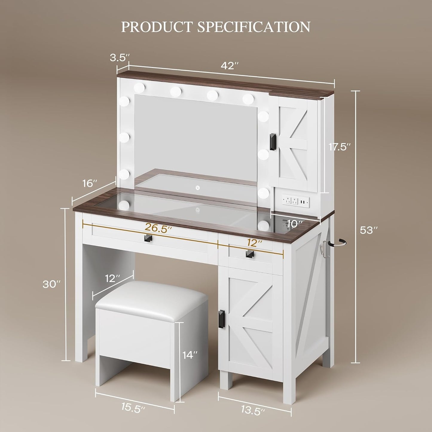 Farmhouse Makeup Vanity Desk with Mirror and Lights, Retro Big Vanity Table Set with Charging Station, Makeup Desk with 2 Drawers & 2 Cabinets, 10 Dimmable Light Bulbs, for Bedroom, White