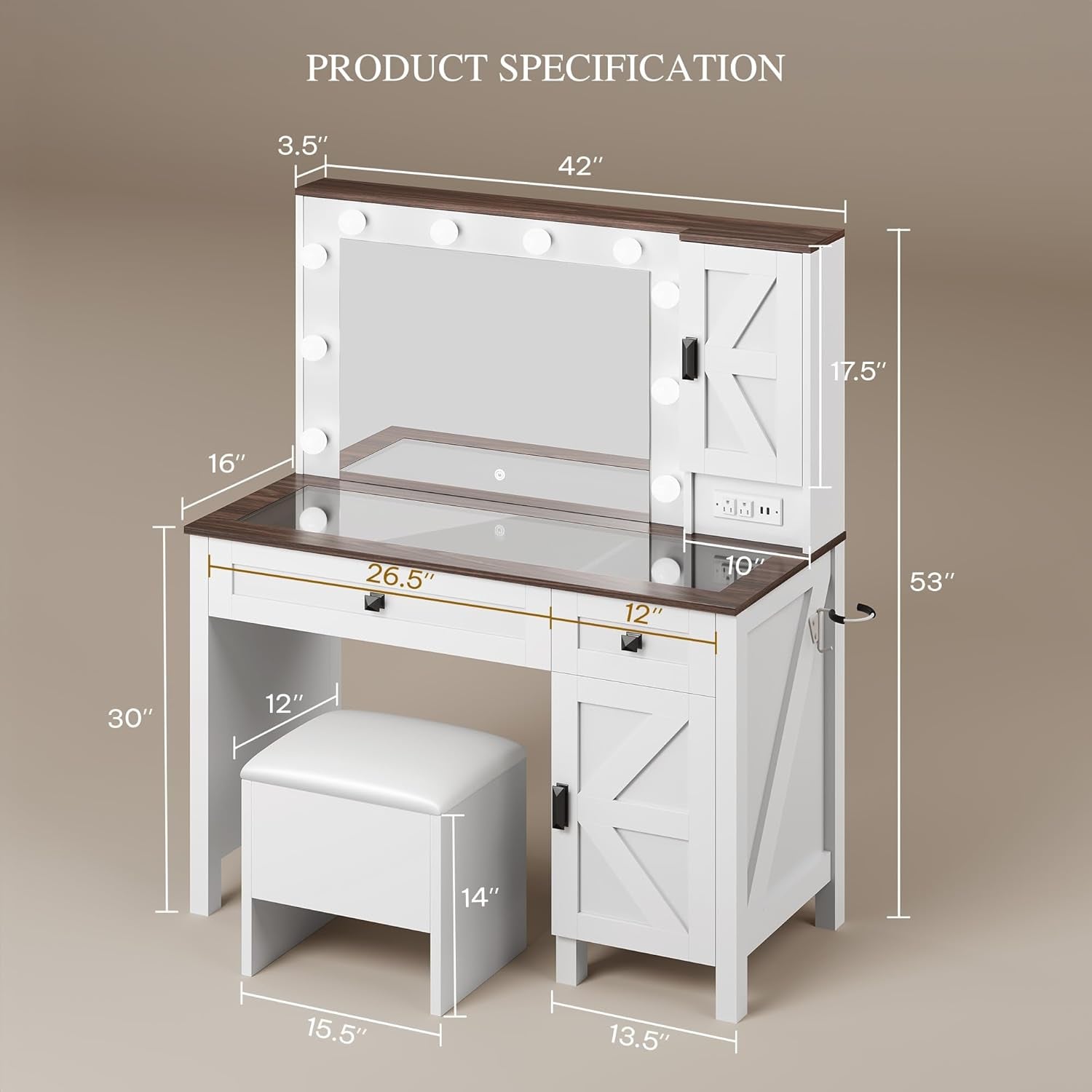 Farmhouse Makeup Vanity Desk with Mirror and Lights, Retro Big Vanity Table Set with Charging Station, Makeup Desk with 2 Drawers & 2 Cabinets, 10 Dimmable Light Bulbs, for Bedroom, White