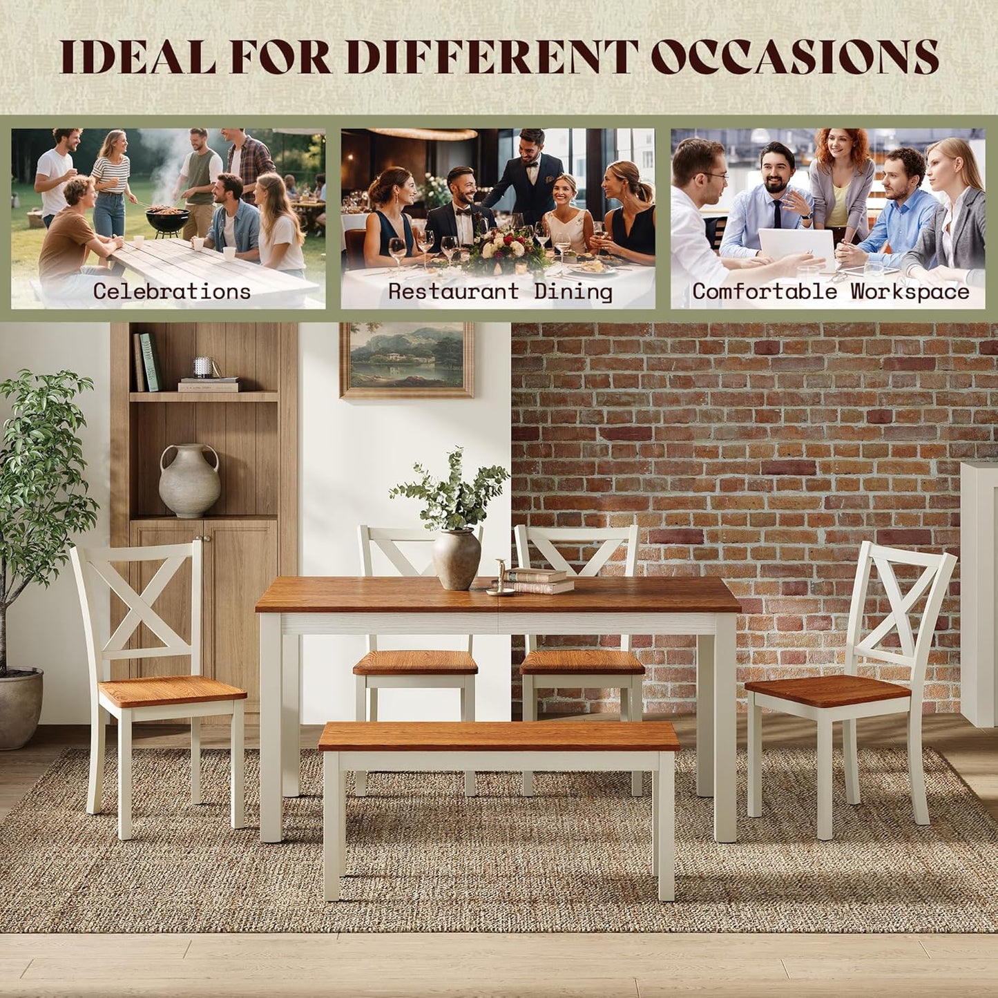 6-Piece Farmhouse Dining Table Set, 59" Wooden Table with 4 Chairs & Bench, Kitchen & Dining Room Set for 6, Space-Saving Rustic Dining Set, Walnut & Beige