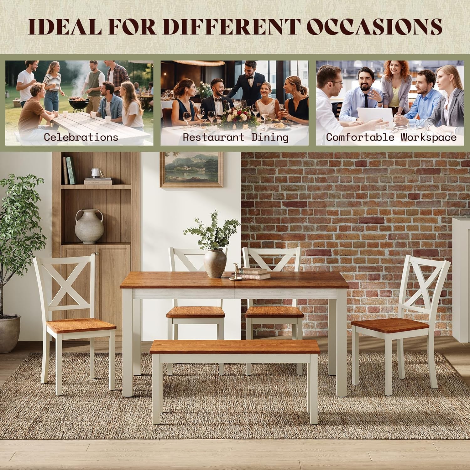 6-Piece Farmhouse Dining Table Set, 59" Wooden Table with 4 Chairs & Bench, Kitchen & Dining Room Set for 6, Space-Saving Rustic Dining Set, Walnut & Beige
