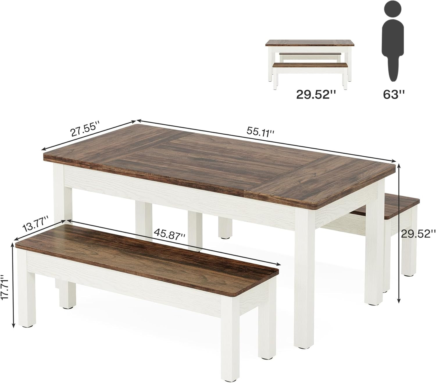 Farmhouse Kitchen Table Set for 4-6, 55-Inch Wooden Dining Table with 2 Benches, Space Saving 3 Pieces Heavy Duty Dinette for Dining Room, Kitchen, Small Space