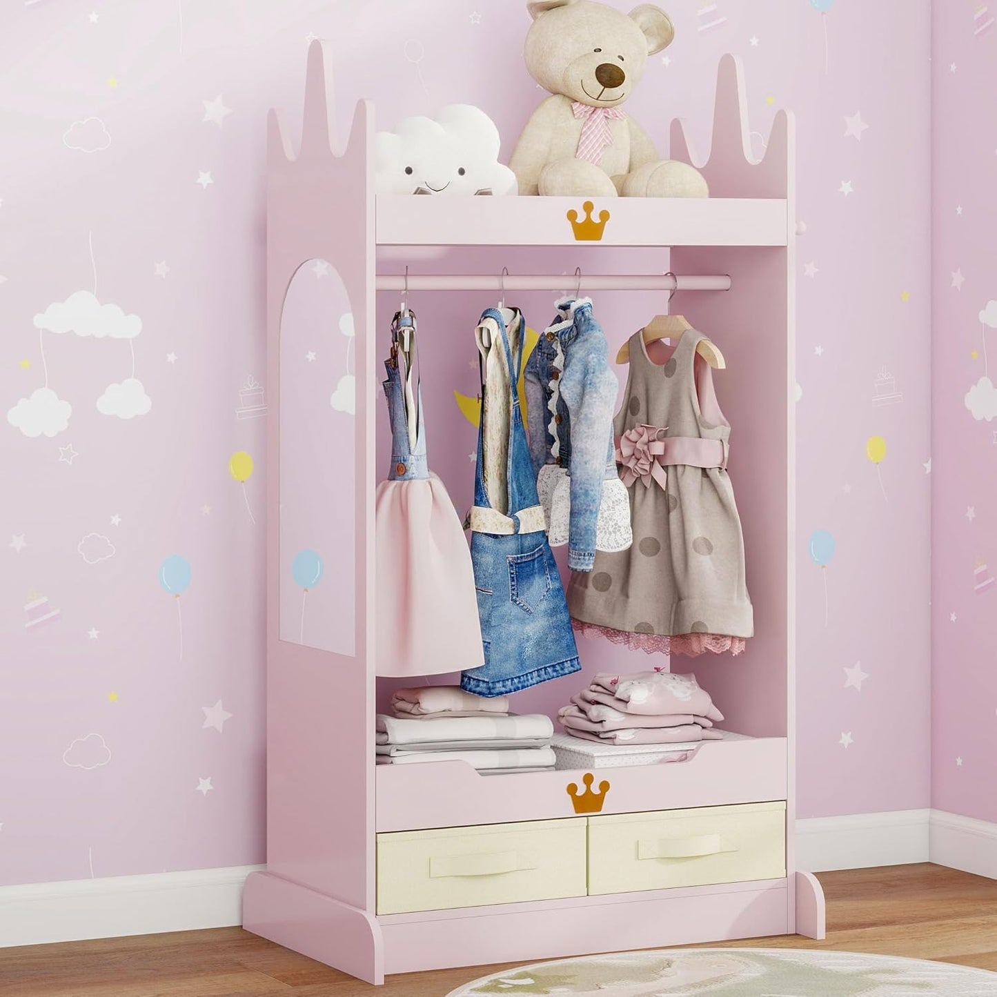 Kids Dress up Storage with Mirror, Kids Open Hanging Armoire & Costume Storage Dresser, Costumes Wardrobe Closet for Bedroom, Nursery, Preschool, Pink