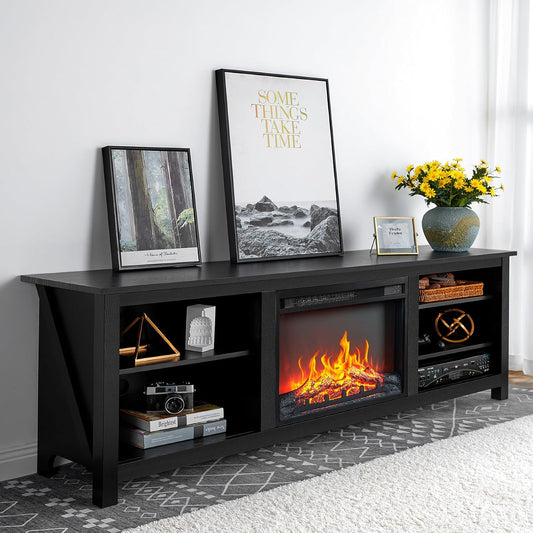 Fireplace TV Stand, Wood Texture Entertainment Center with 23'' Electric Fireplace, Farmhouse Entertainment Stand Media TV Console for Tvs up to 80'', 70 Inches, Black