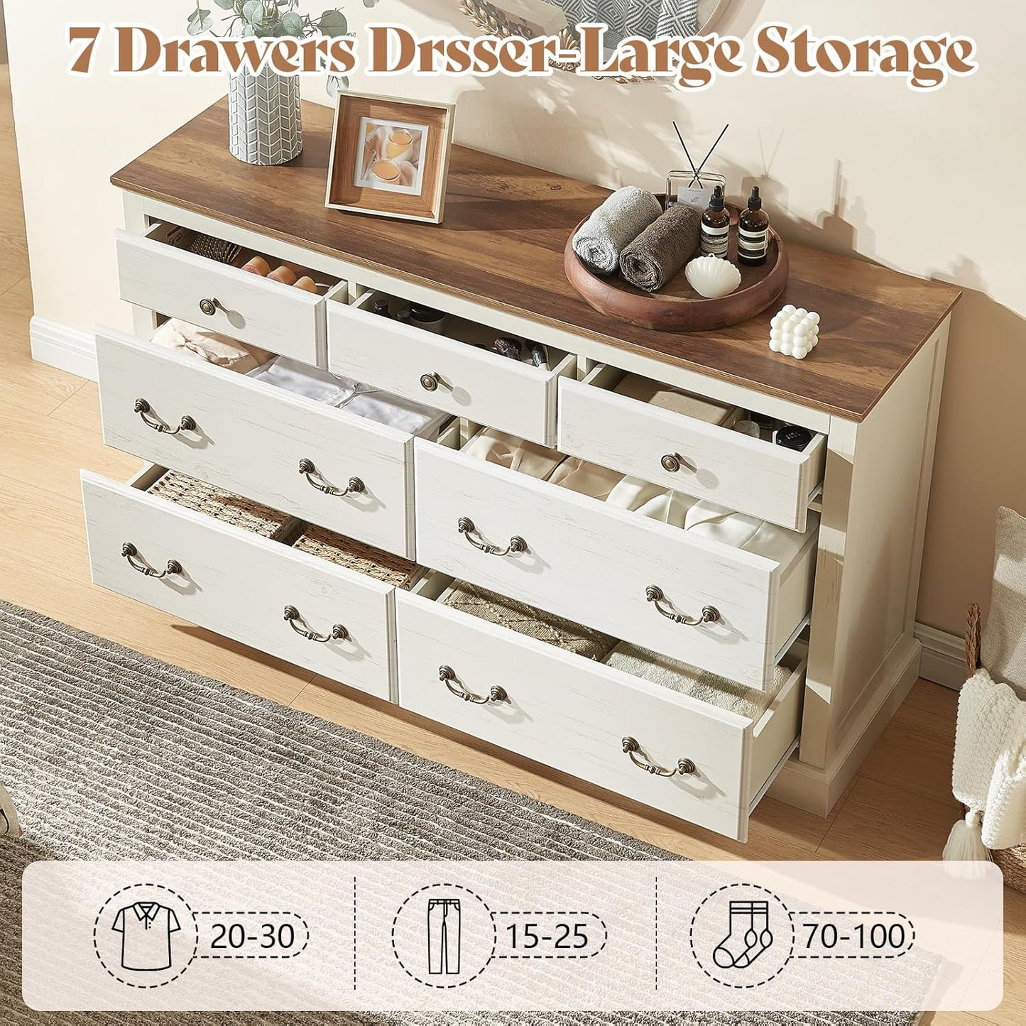 Farmhouse 3 Pieces Bedroom Sets, Include 54" Wide 7 Drawers Dresser, Nightstand Set of 2 with Charging Station, Rustic Retro Bedroom Furniture Set, White