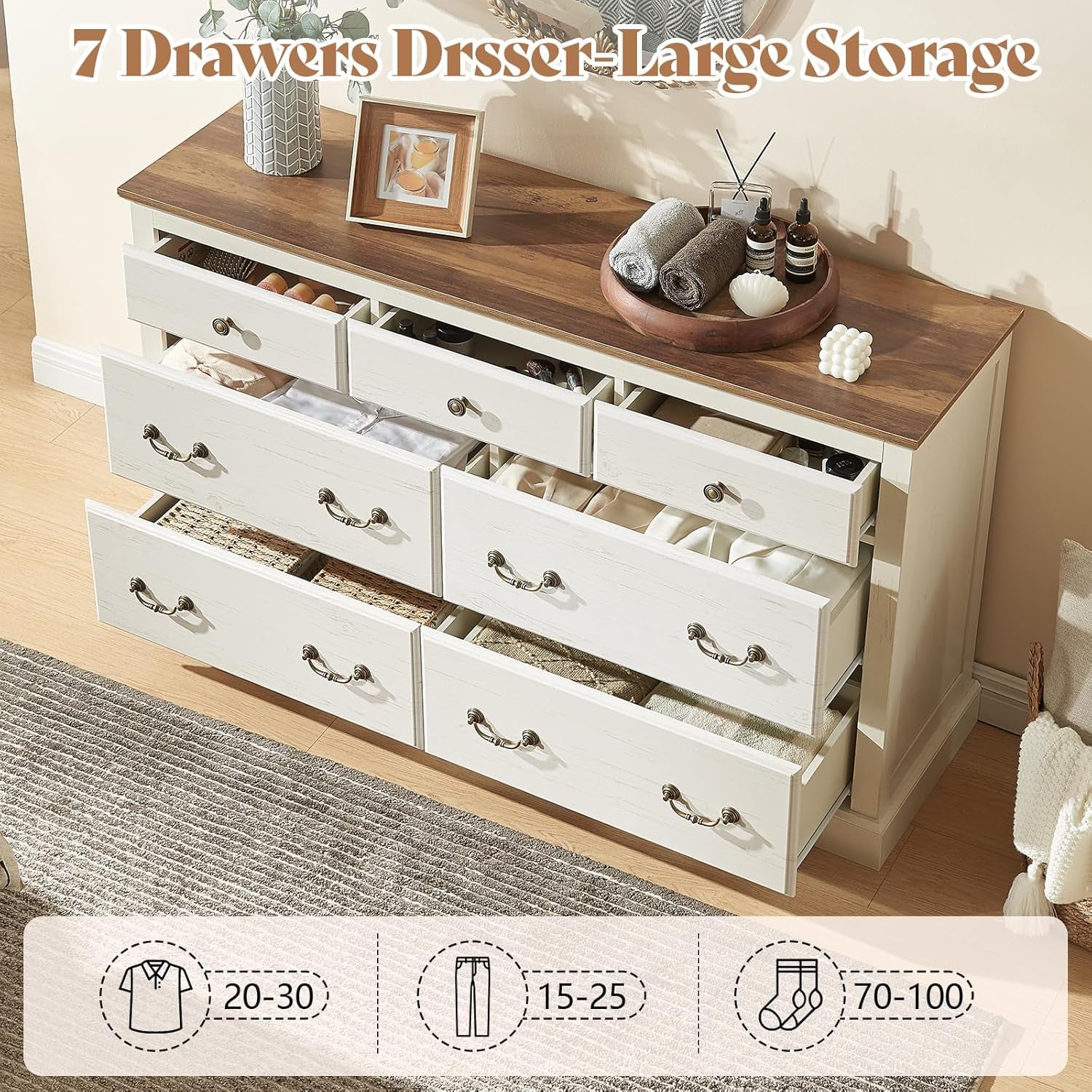Farmhouse 3 Pieces Bedroom Sets, Include 54" Wide 7 Drawers Dresser, Nightstand Set of 2 with Charging Station, Rustic Retro Bedroom Furniture Set, White