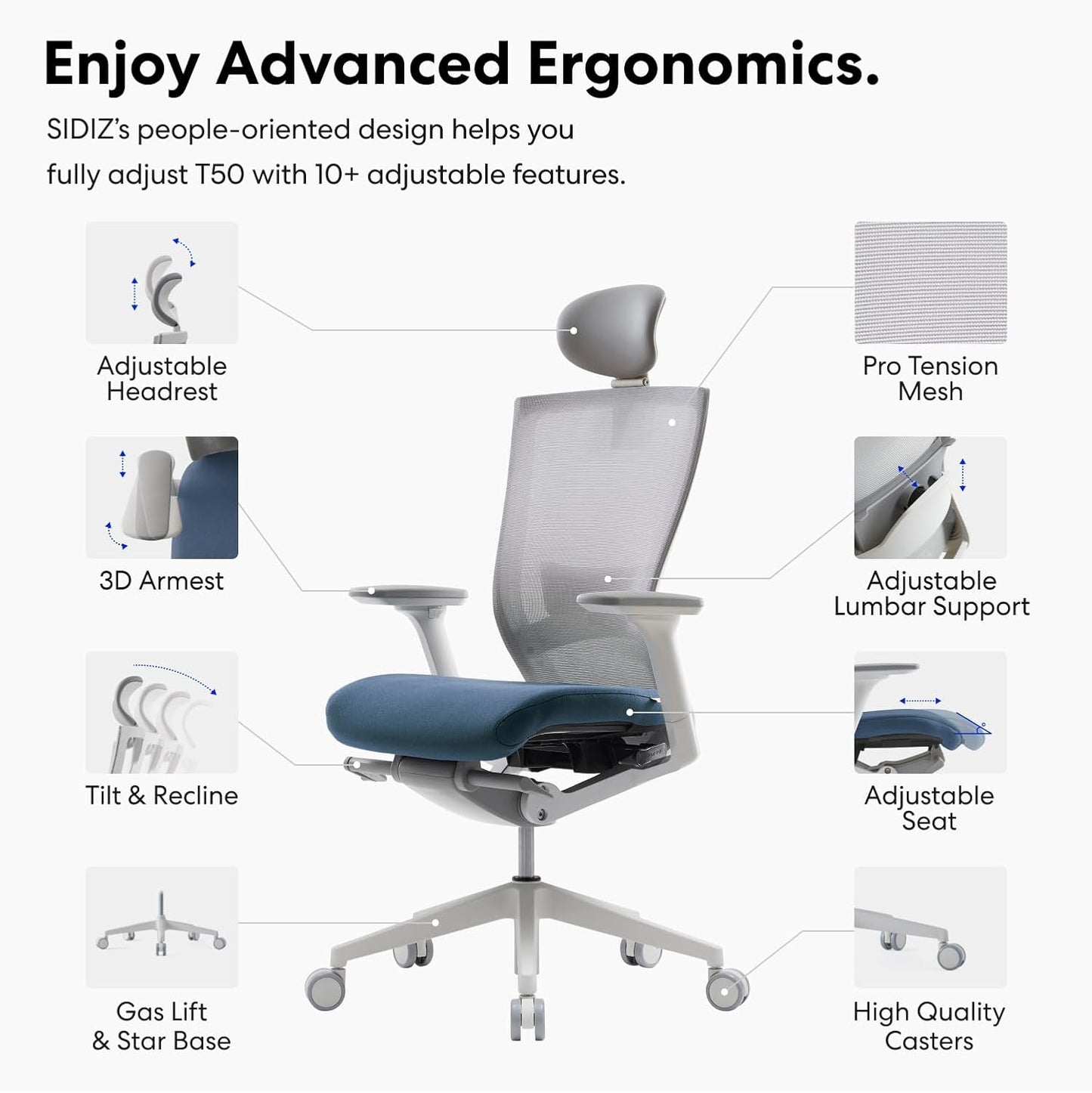 T50 Ergonomic Office Chair : High Performance Home Office Chair with Adjustable Headrest, Lumbar Support, 3D Armrest, Seat Depth, Mesh Back Computer Chair, Alternative Gaming Chair (Blue)