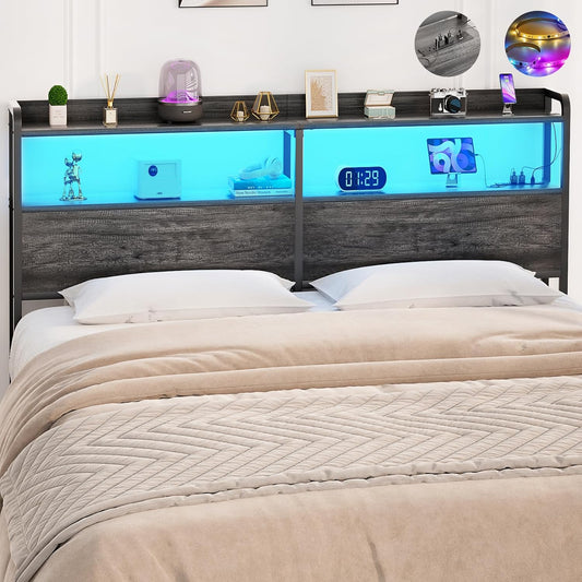Headboard for Queen Size Bed Frame, Headboards with Outlets, USB Ports and LED Light, Head Board with Storage, Height Adjustable, Sturdy and Stable Headboard, Queen Size, Black Oak