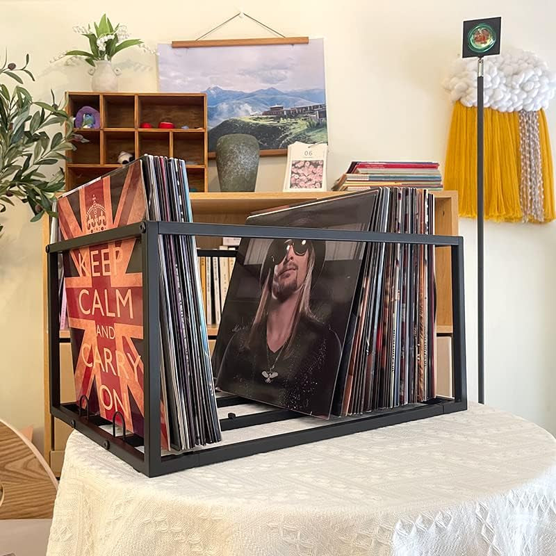 Vinyl Record Storage Holder on Wheels - with Dust Cover - Holds up to 100 LP - Album Holder Display Stand - Vinyl Record LP Storage Organizer - Sturdy Metal Structure(Smooth Black)…