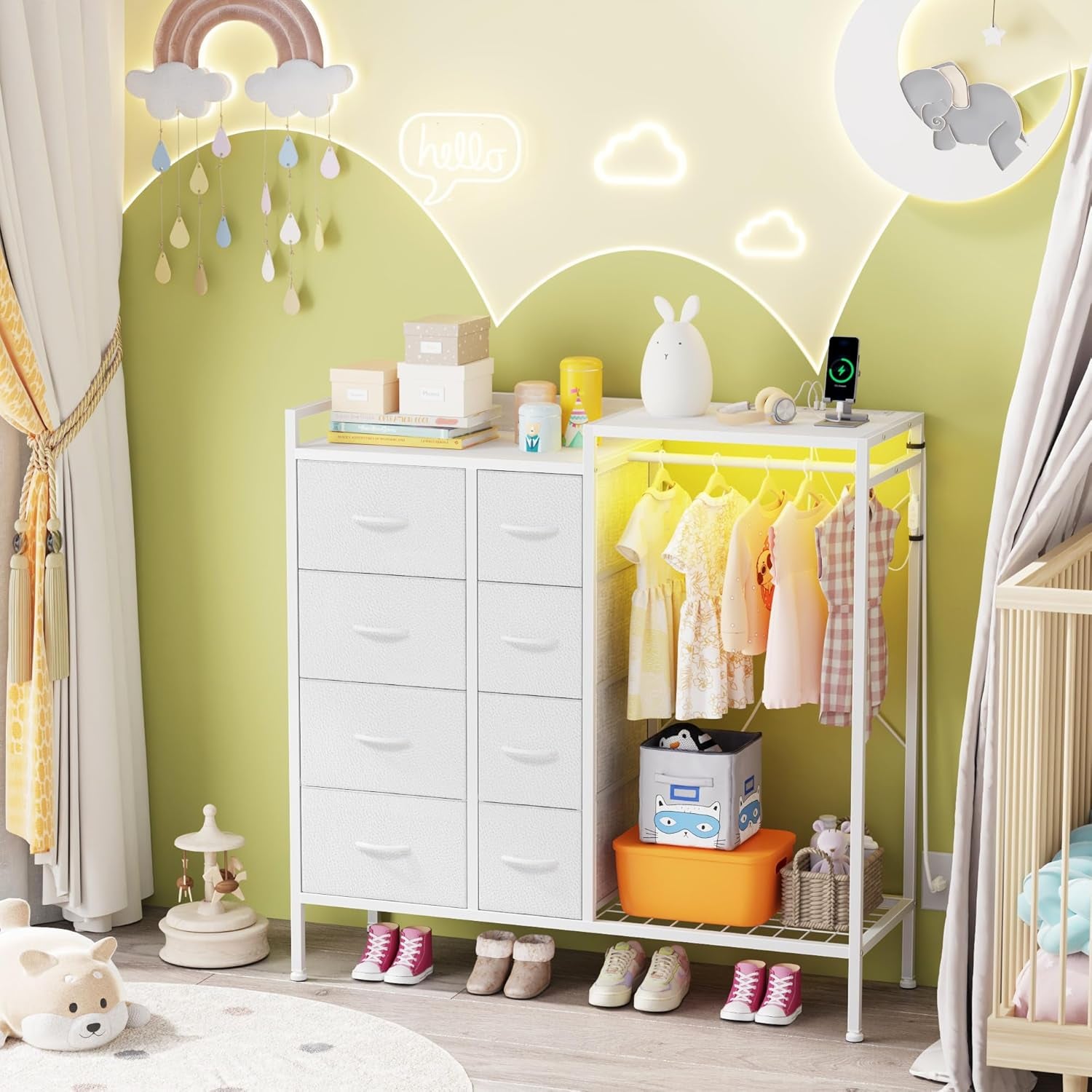 Dresser with Hanging Rack, 8-Drawer Dresser for Bedroom with Charging Station & LED Lights, Kids Dressers with Shoe Rack, Chest of Drawers with Wooden Top for Bedroom, Kids Room, White, 11.8"D