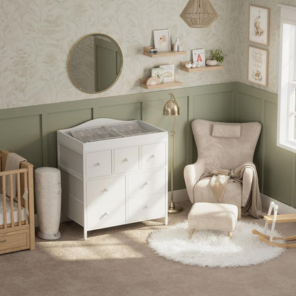 Changing Table Dresser with Storage, Baby Dresser with Changing Table Top Diaper Changing Station with 7 Fabric Drawers for Nursery Modern