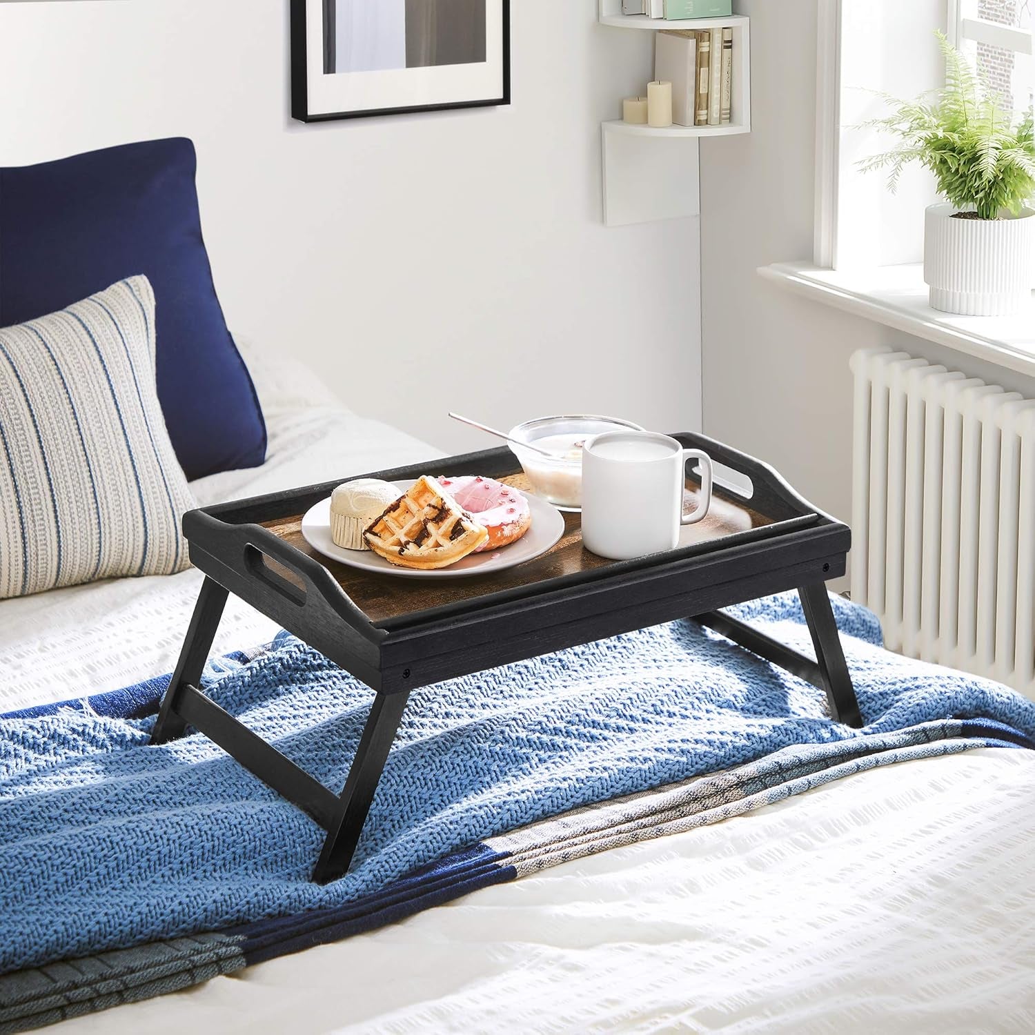 Bed Tray Table with Bamboo Folding Legs, Sofa Breakfast Tray, Serving Tray with Groove for Phone Tablet, Rustic Dark Brown ULLD111B01