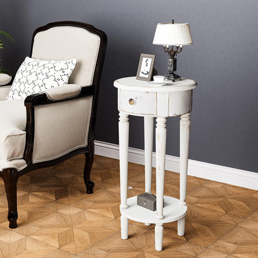 Tall End Table with Drawer, 2-Tier Rustic round Side Table with 4 Wood Leg, White Nightstand with Hand-Painted Finish, Small Accent Table for Living Room, Bedroom, Distressed Off-White