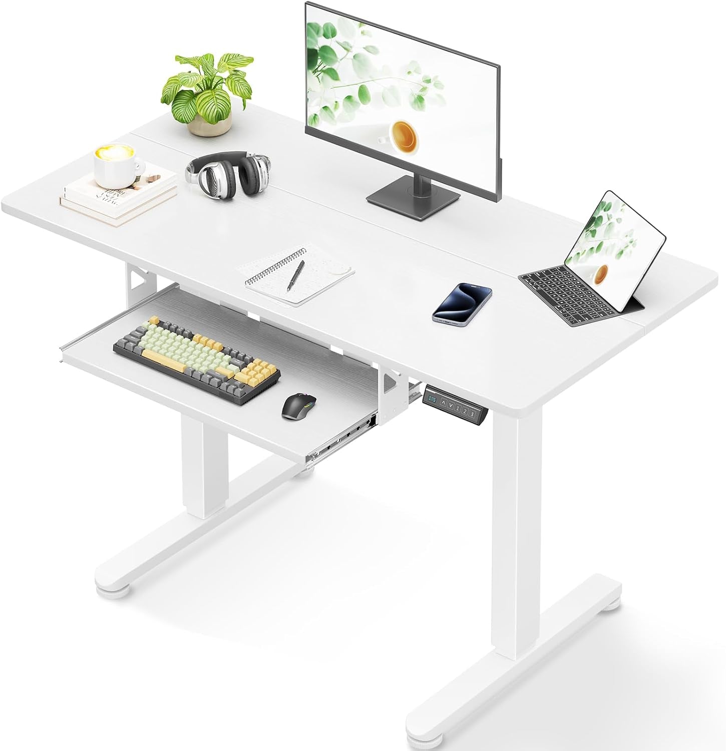 Electric Standing Desk with Keyboard Tray, 40 Inch Height Adjustable Small Table, Sit Stand Table, Writing Computer Desk for Home, Office, Workstation, White