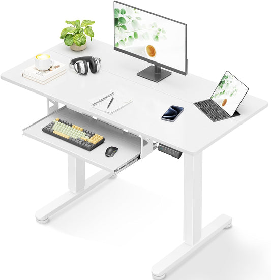 Electric Standing Desk with Keyboard Tray, 40 Inch Height Adjustable Small Table, Sit Stand Table, Writing Computer Desk for Home, Office, Workstation, White