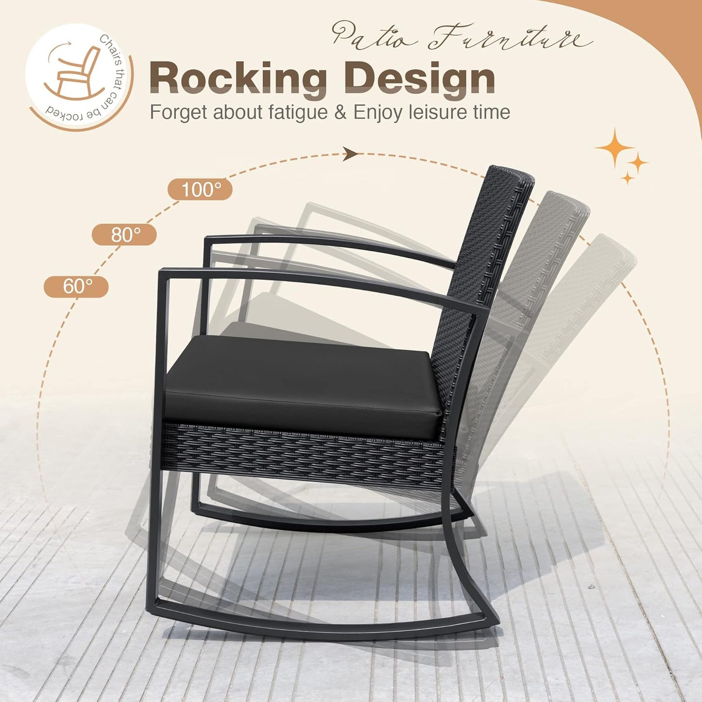 3 Pieces Outdoor Furniture Set Patio Bistro Rocking Chairs with Glass Coffee Table for Pool Beach Backyard Balcony Porch Deck Garden, Dark Black