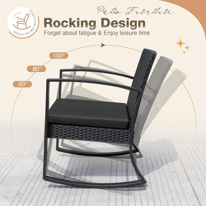 3 Pieces Outdoor Furniture Set Patio Bistro Rocking Chairs with Glass Coffee Table for Pool Beach Backyard Balcony Porch Deck Garden, Dark Black