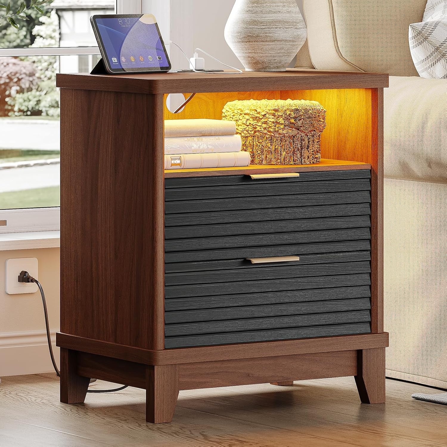 Fluted Night Stand Set of 2 with Charging Station and 2 Drawers, Black Nightstands Set of 2, beside Table with Open Storage and Led Lights, Retro End Side Table for Bedroom, Black