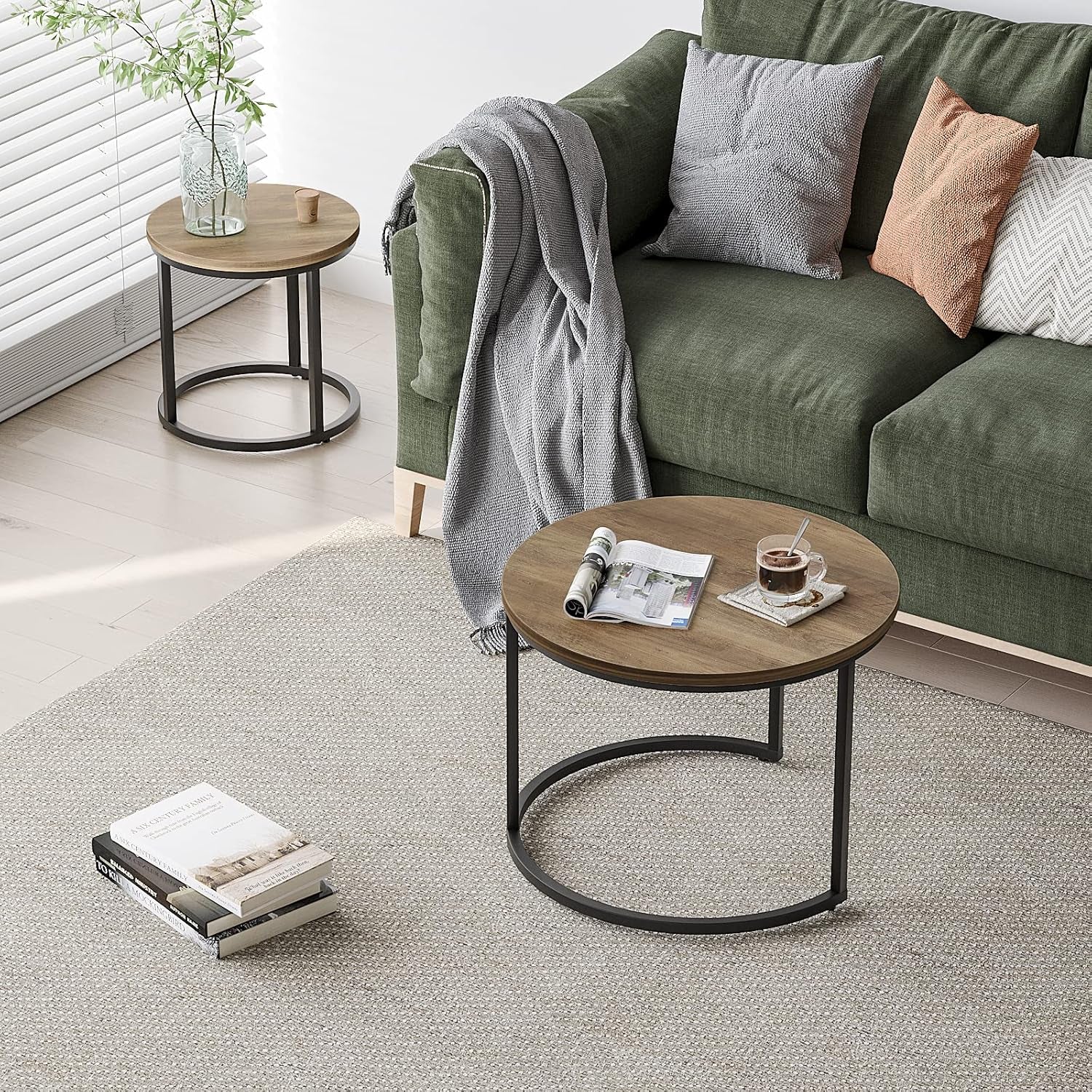 Nesting Coffee Table Set of 2, 23.6" round Coffee Table Wood Grain Top with Adjustable Non-Slip Feet, Industrial End Table Side Tables for Living Room Bedroom Balcony Yard