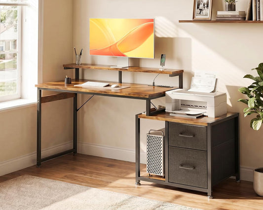 Computer Desk with Printer Storage Shelf, 56 Inch Office Desk with Drawers & Power Outlet, Reversible Desk Space-Saving Workstation with Individual PC Stand, Rustic Brown