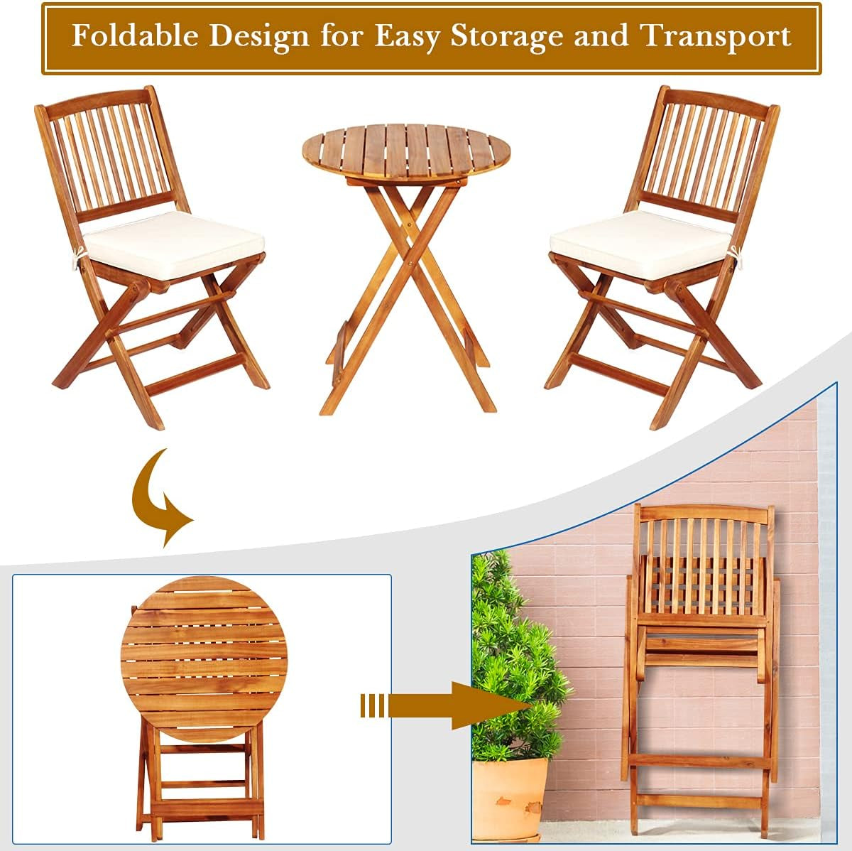 3-Piece Acacia Wood Folding Patio Bistro Set, Small Outdoor Balcony Furniture, round Coffee Table and 2 Chairs with Soft Cushions, Teak Table Set for Porch, Backyard, Deck (Cream White)