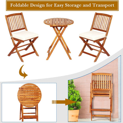3-Piece Acacia Wood Folding Patio Bistro Set, Small Outdoor Balcony Furniture, round Coffee Table and 2 Chairs with Soft Cushions, Teak Table Set for Porch, Backyard, Deck (Cream White)