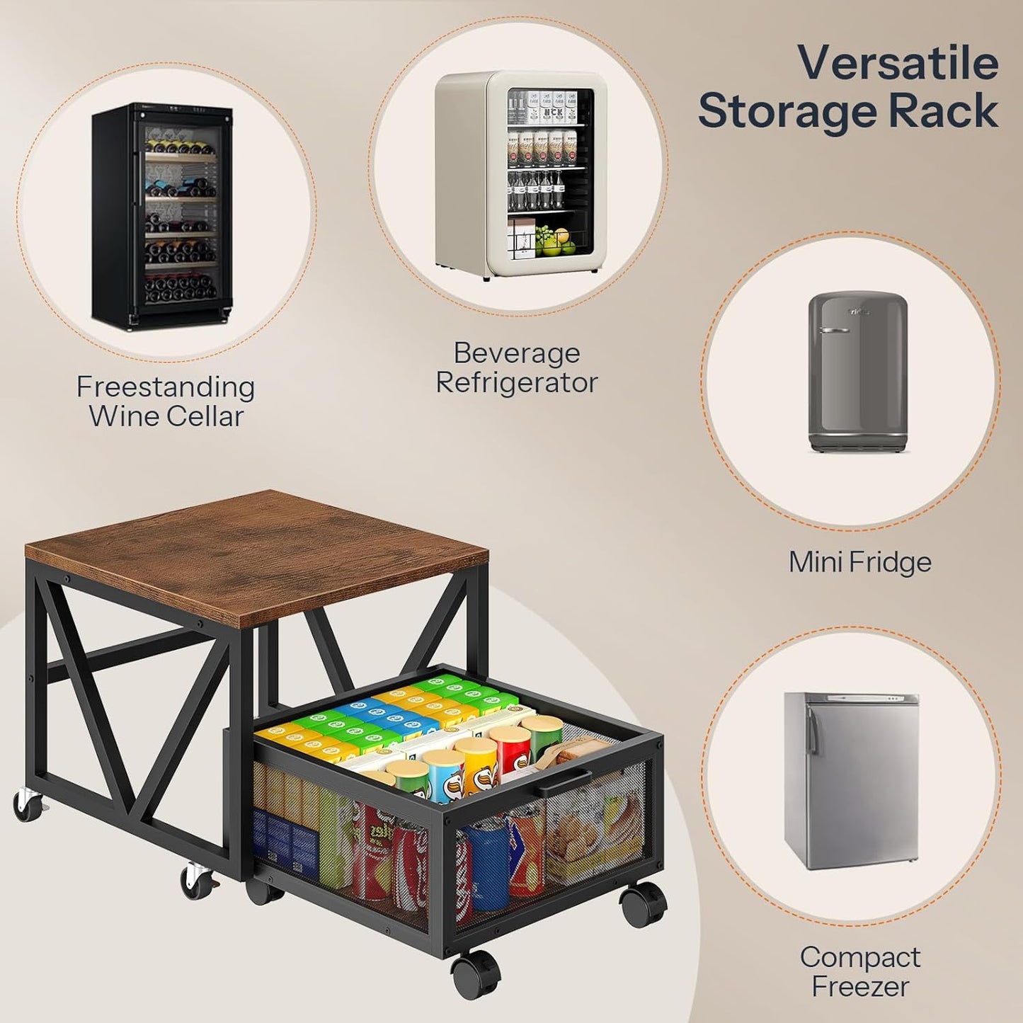 Mini Fridge Stand with Movable Storage Basket and Wheels, Mini Fridge Cabinet with Wheels, Sturdy Metal Frame, for Home, Office, Dorm, Rustic Brown and Black BF255TL01