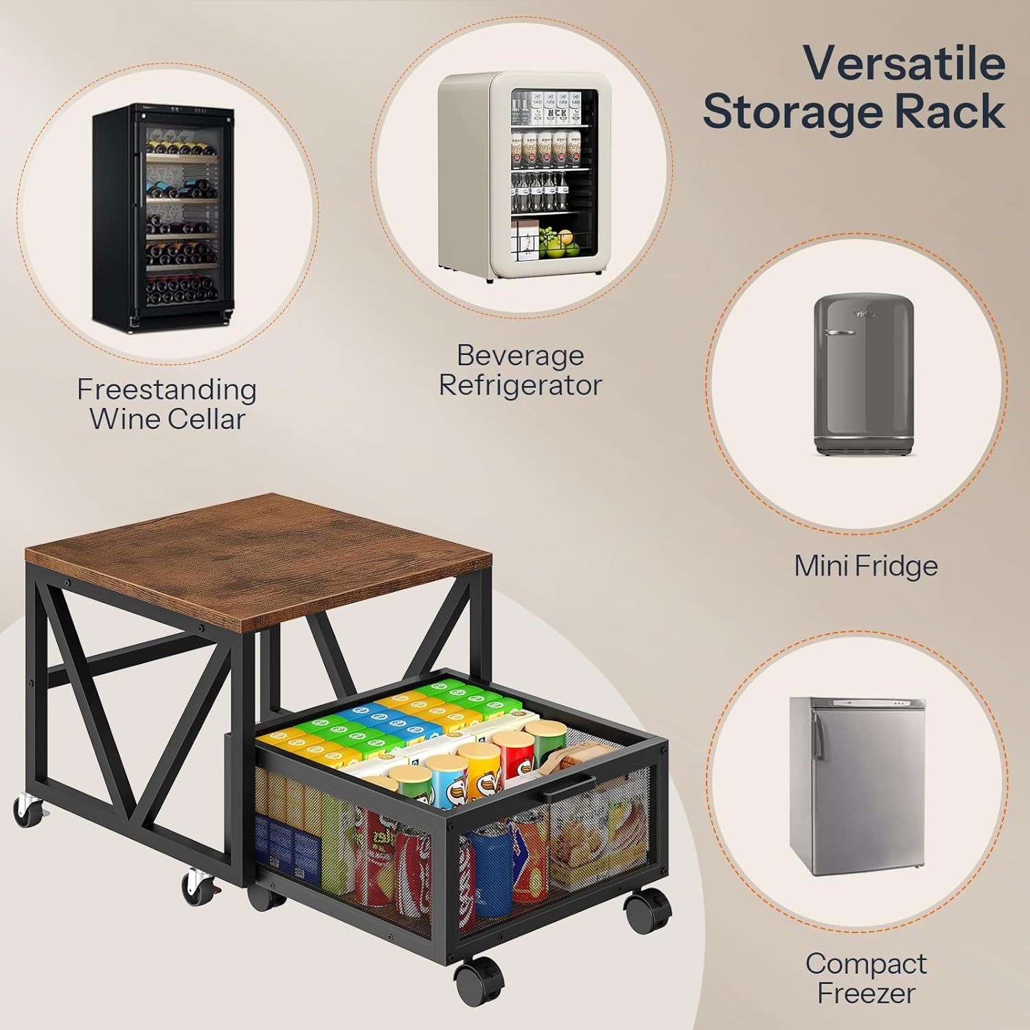 Mini Fridge Stand with Movable Storage Basket and Wheels, Mini Fridge Cabinet with Wheels, Sturdy Metal Frame, for Home, Office, Dorm, Rustic Brown and Black BF255TL01