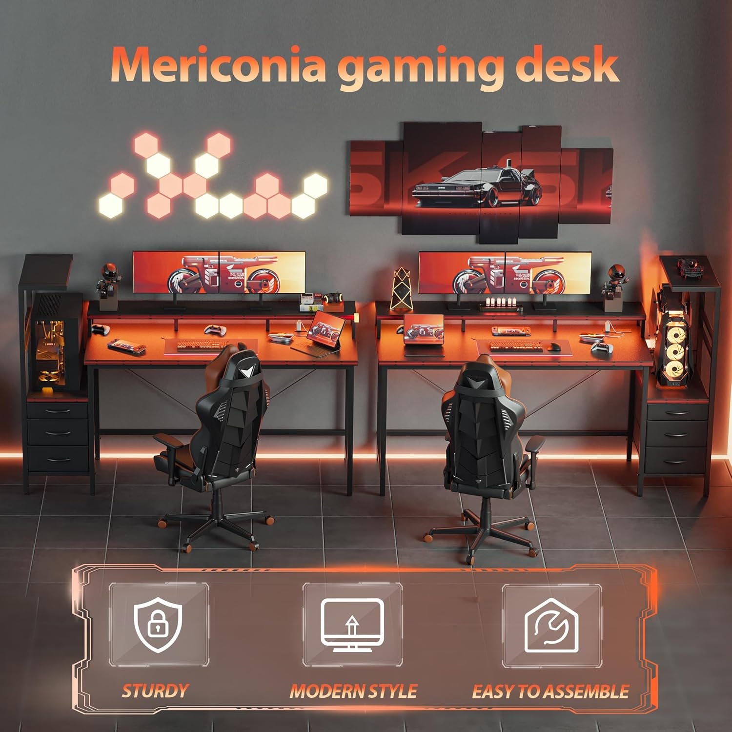 Gaming Desk with Power Outlets & LED Lights, Reversible Computer Desk with PC Case Stand, Fabric Drawers, Modern Office Desk with Shelves, Monitor Stand (Djk-White, 60 Inch)