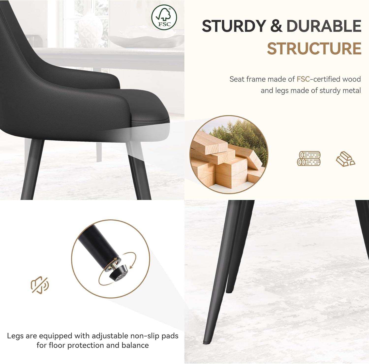 Modern Dining Chairs Set of 6, Spacious Comfortable Dining Room Chairs, Faux Leather Upholstered Dining Chairs with Thick Cushion for Dining Room, Black