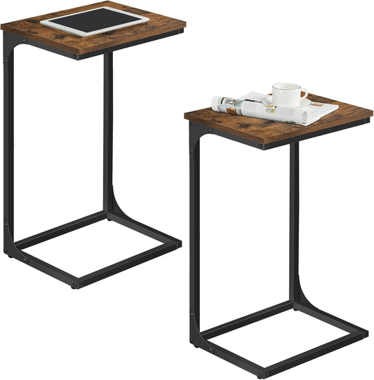 C-Shaped End Table, Set of 2, Side Table for Sofa, Couch Table with Metal Frame, Small TV Tray Table for Living Room, Bedroom, Rustic Brown and Black