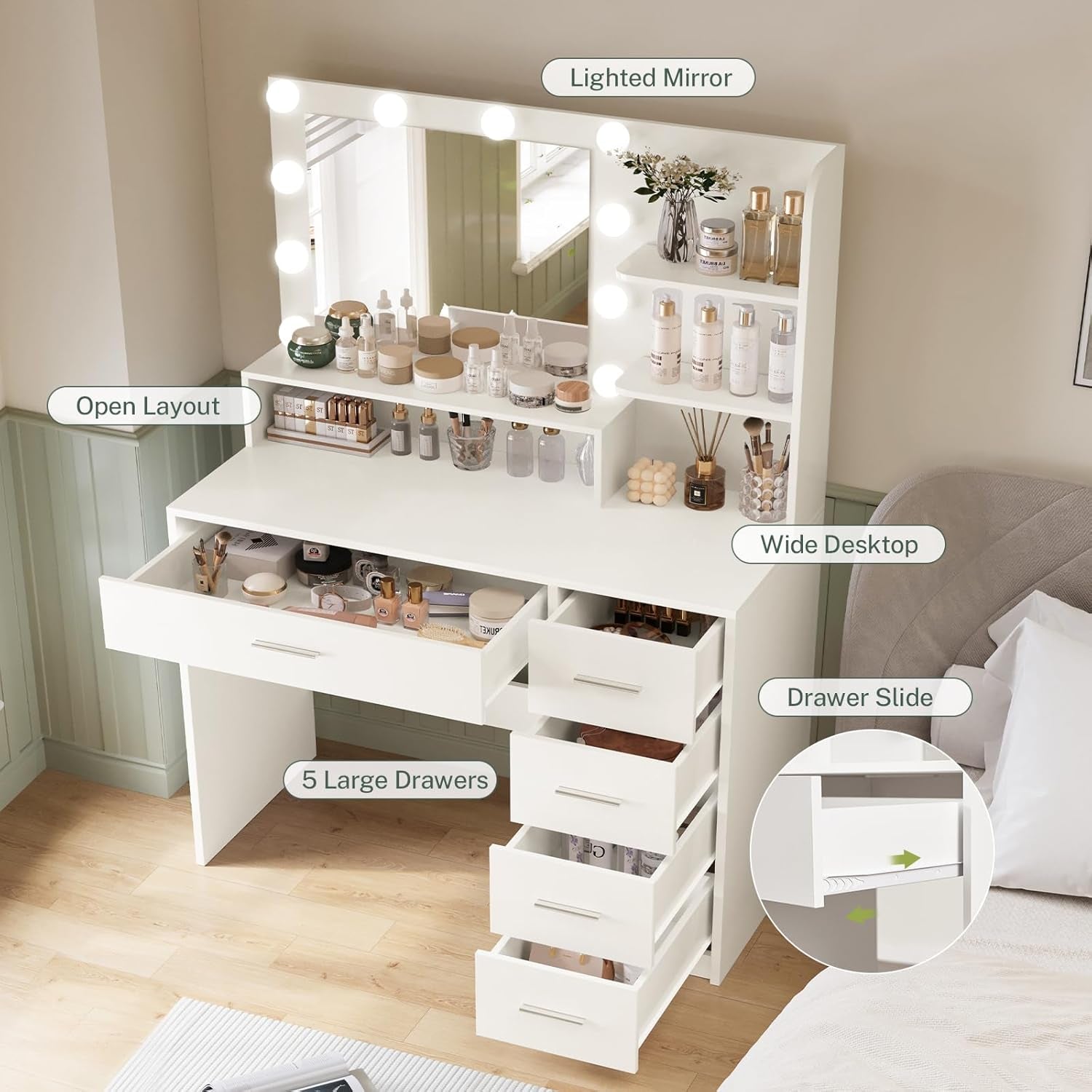 Vanity Desk with Mirror and Lights, Makeup Vanity with 5 Drawers and 3 Storage Shelves, 3 Color Modes & Adjustable Brightness Dressing Table, Vanity Desk for Bedroom, White