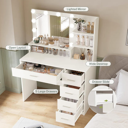 Vanity Desk with Mirror and Lights, Makeup Vanity with 5 Drawers and 3 Storage Shelves, 3 Color Modes & Adjustable Brightness Dressing Table, Vanity Desk for Bedroom, White