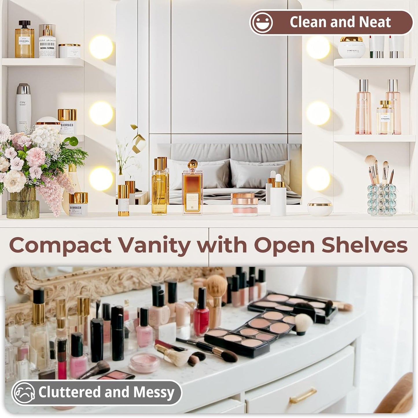 Vanity Desk with Mirror and Lights, Small Makeup Vanity Table with 3 Color Modes, 2 Drawers, 2 Side Shelves & Open Storage Shelves, Dressing Table for Bedroom,White