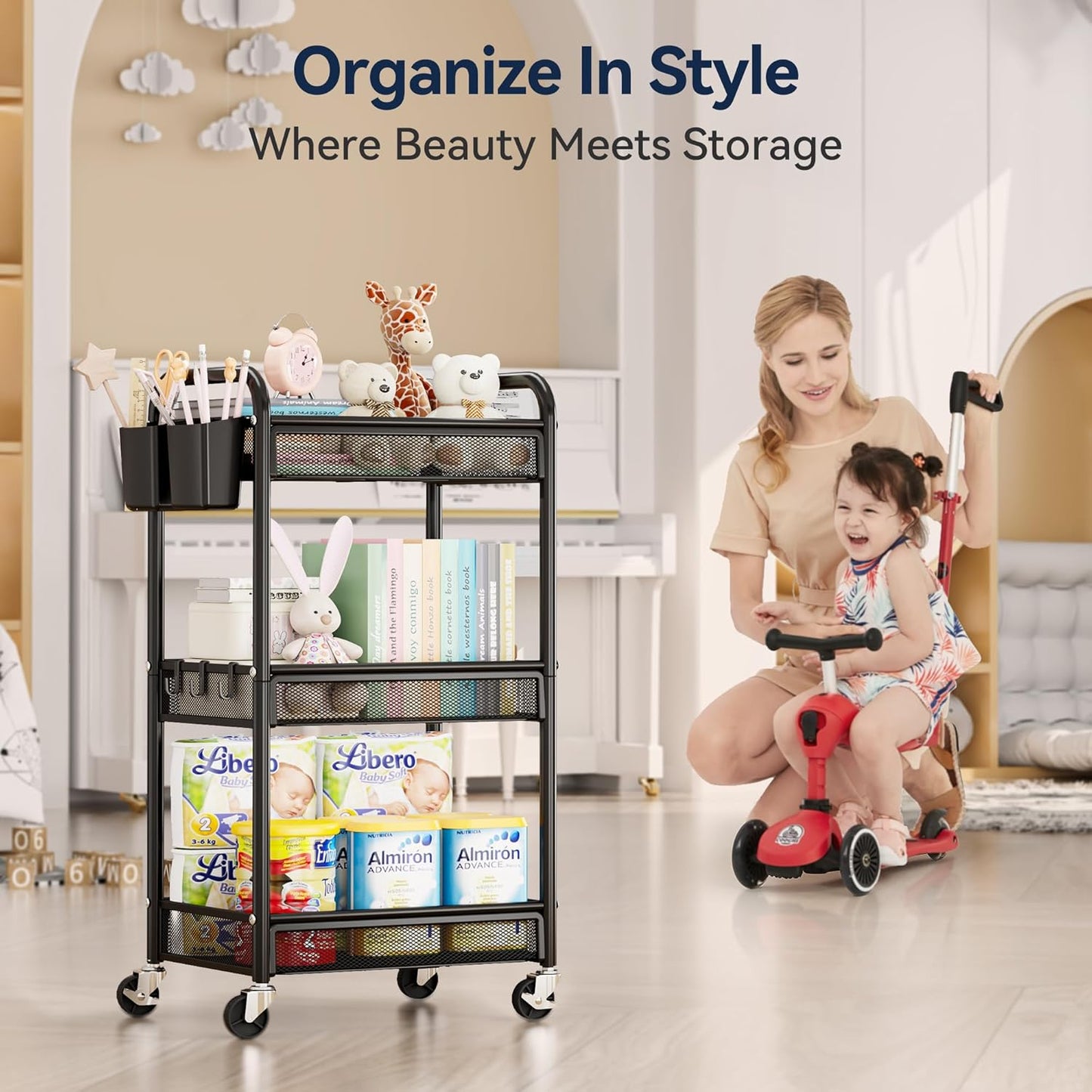 3 Tier Rolling Cart – Metal Utility Storage Carts with Wheels, Craft Cart Organizer with Hanging Cups, Hooks, Mesh Basket for Bedside Kitchen Office Art, Black