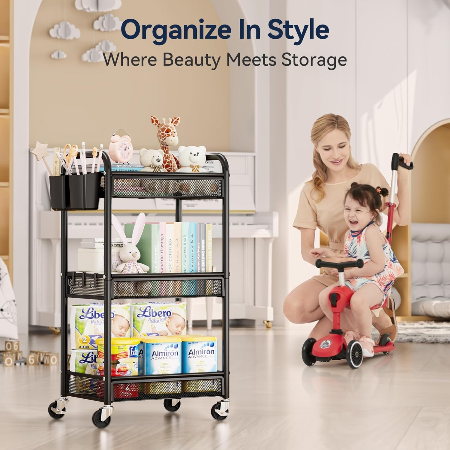 3 Tier Rolling Cart – Metal Utility Storage Carts with Wheels, Craft Cart Organizer with Hanging Cups, Hooks, Mesh Basket for Bedside Kitchen Office Art, Black