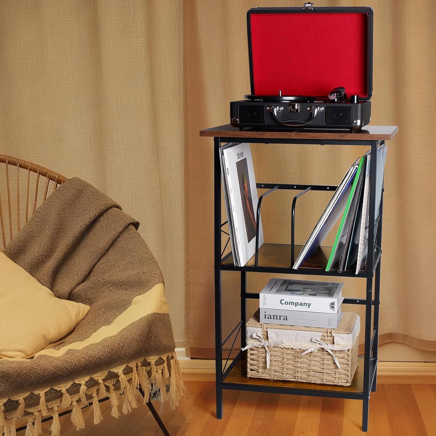 Record Player Stand with 4 Adjustable Dividers, Vinyl Record Storage Holds 200 Lps, 3 Layer End Table, Multi-Functional Record Player Table for Home, Rustic Brown