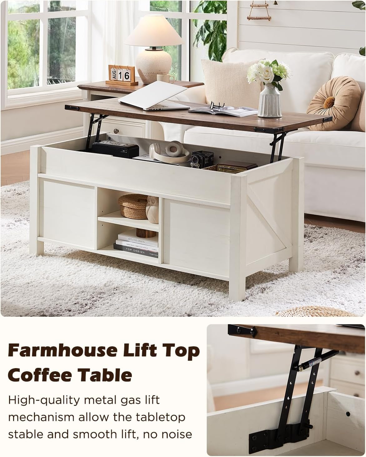 48" Farmhouse Lift Top Coffee Table with Sliding Barn Door,Rustic Center Table with Hidden Storage Compartment,Lifting Tabletop and Adjustable Shelf for Living Room,Office,Antique White