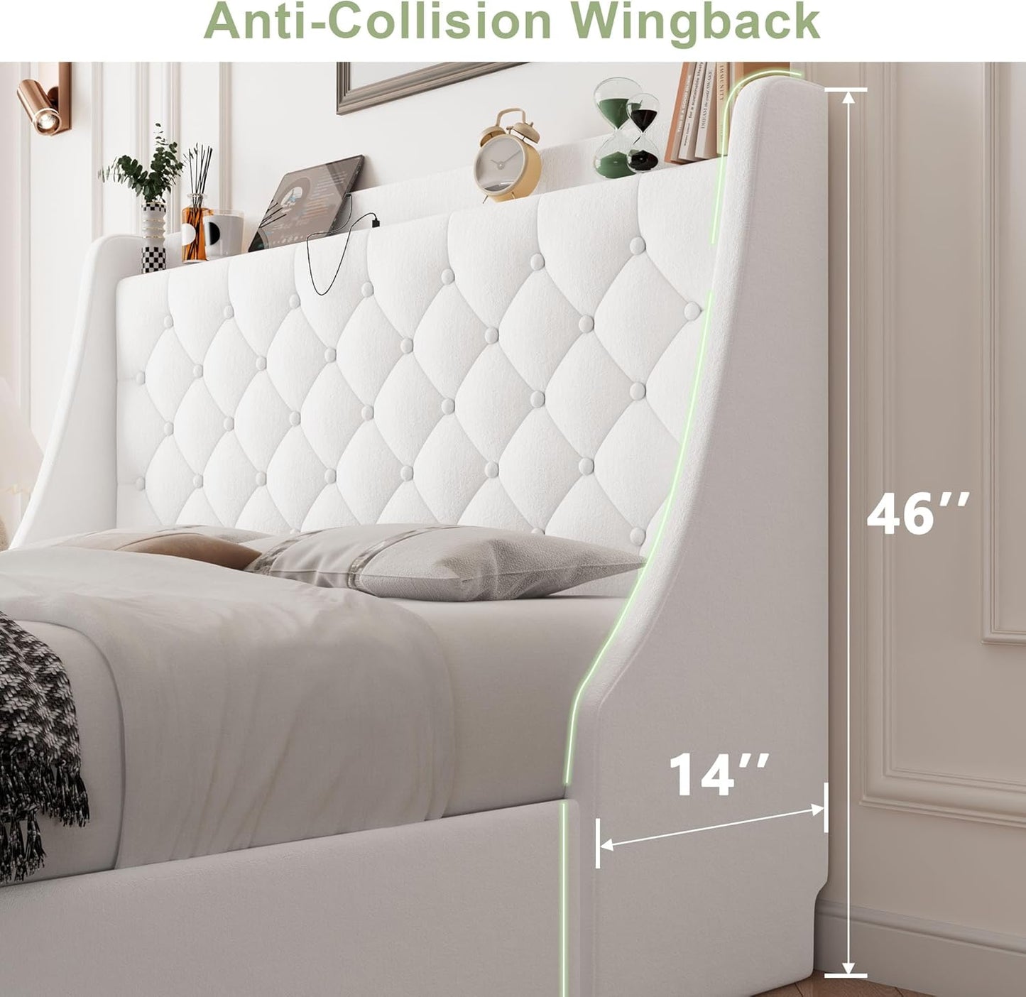 Upholstered Full Size Bed Frame with 4 Storage Drawers, Charging Station, Tufted Wingback Storage Headboard, No Box Spring Needed, Easy Assembly, White