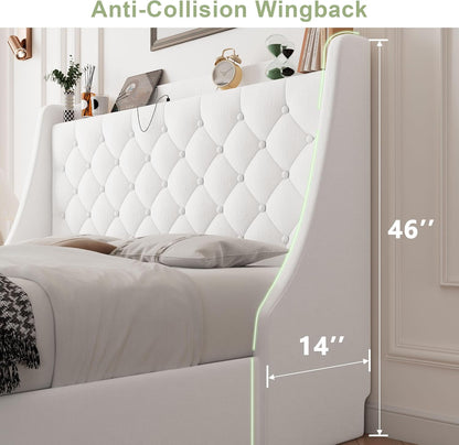 Upholstered Full Size Bed Frame with 4 Storage Drawers, Charging Station, Tufted Wingback Storage Headboard, No Box Spring Needed, Easy Assembly, White