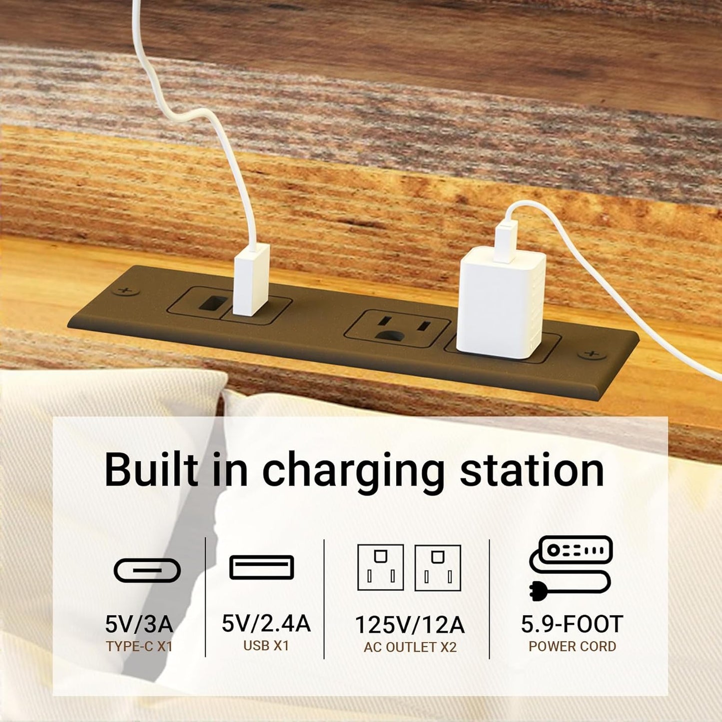 Wooden Queen Size Bed Frame with Storage Headboard, Rustic Farmhouse Platform Bed Frame Queen with Charging Station & LED Lights, 12 Wood Slats Support, No Box Spring Needed,Dark Brown