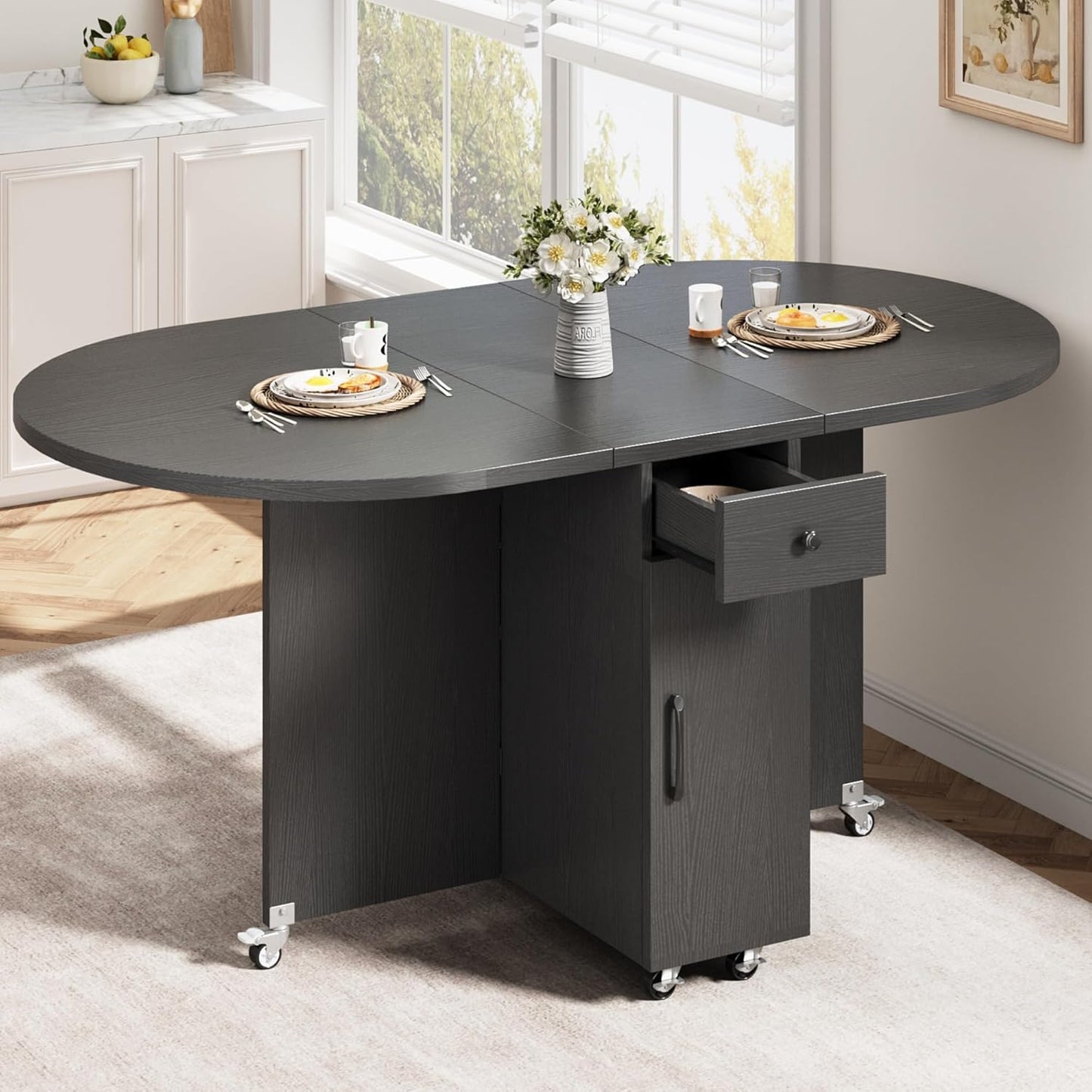 Folding Dining Table for 4 -Foldable Kitchen Dinner Drop Leaf Gateleg Convertible Tables with Storage Drawer and Shelf for Small Spaces Space Saving Kithen Dining Room Furniture (Black, 51*31.5*30)