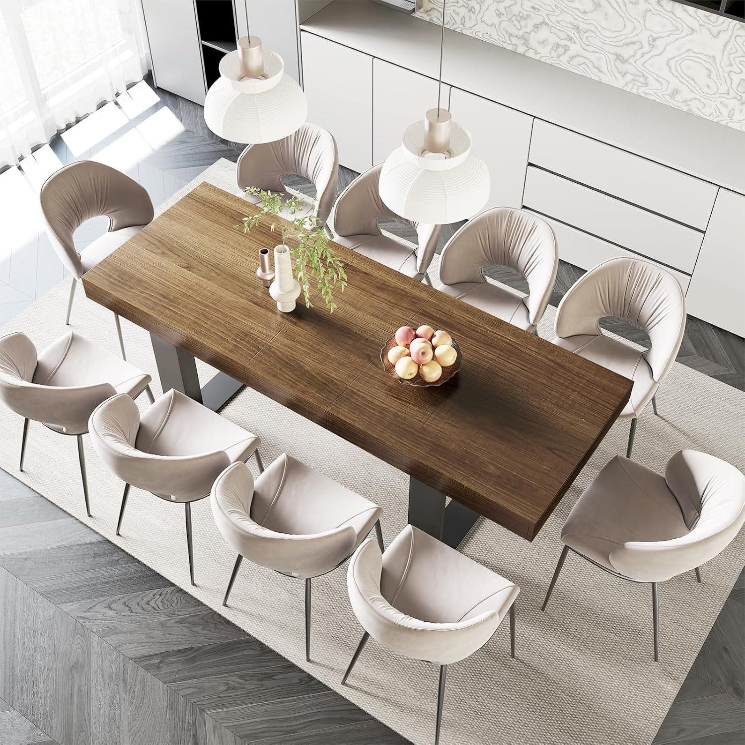 Farmhouse Rustic Extendable Dining Room Table for 8 10, 70.9" (86.6") X 31.5", Rectangular Dinner Table for 6-10, Mid Century Modern Expandable Retractable Wooden Kitchen Table (Brown)