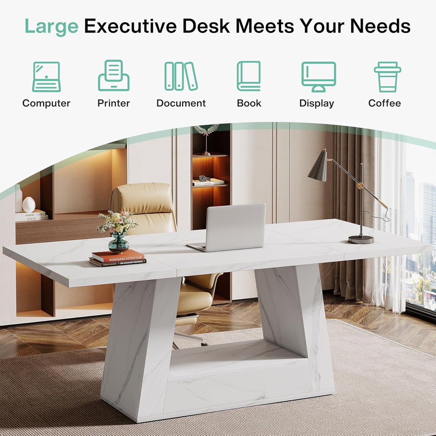 Modern Computer Desk, 63-Inch Large Office Desk Workstation, Simple Style Executive Desk Study Table with Sturdy Base, Wooden Faux Marble Writing Desk for Home Office, White